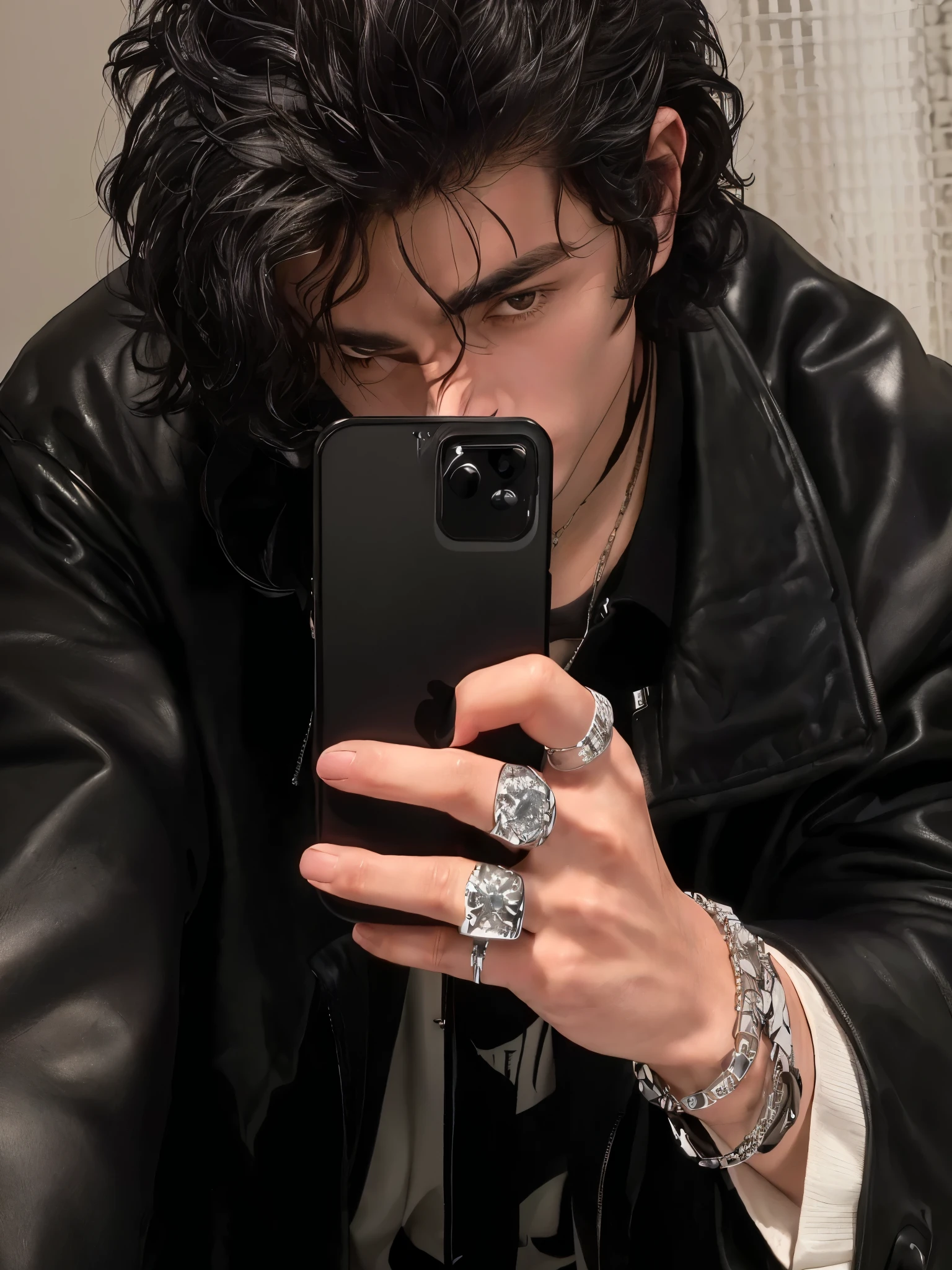 arafed man in a black jacket taking a picture of himself with his cell phone, looking at his phone, in style of chrome hearts, inspired by L. A. Ring, joe keery, tyler jacobson style, timothee chalamet, chrome hearts, style of seb mckinnon, finn wolfhard, iphone selfie, zac retz, album art, declan mckenna
