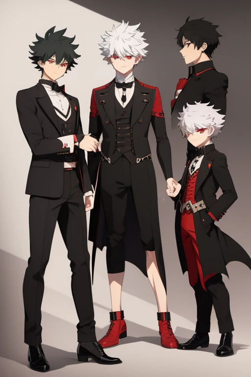 Izuku Midoriya character sheet from My Hero Academia, Vampire, incubus, red eyes and white hair, bat wings, black clothes, black steampunk pants, red shirt, black vest, pale skin. Looking directly at the viewer