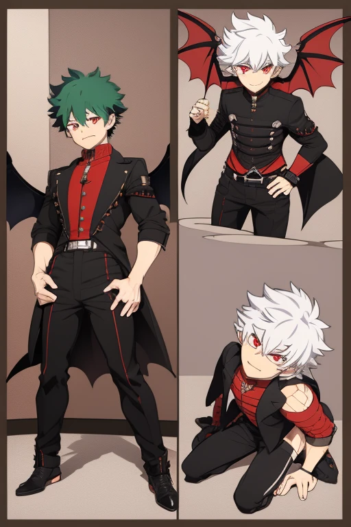 Izuku Midoriya character sheet from My Hero Academia, Vampire, incubus, red eyes and white hair, bat wings, black clothes, black steampunk pants, red shirt, black vest, pale skin. Looking directly at the viewer