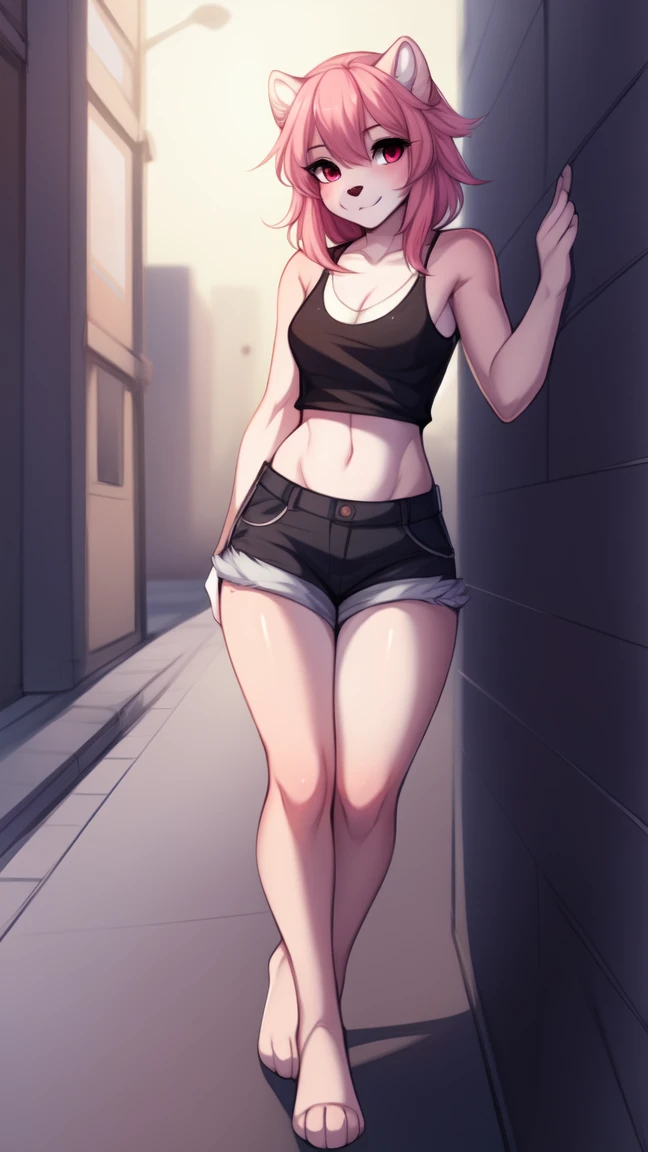 Solo:1.3, (young), by fumiko, by hyattlen, by claweddrip, a anthro furry squirrel girl, pink furry body, long pink hair, pink fluffy squirrel ears, cute snout, black nose, pink eyes, wearing black shorts, black tank top, barefoot, 4 toes, no background, back against a wall, front view, standing