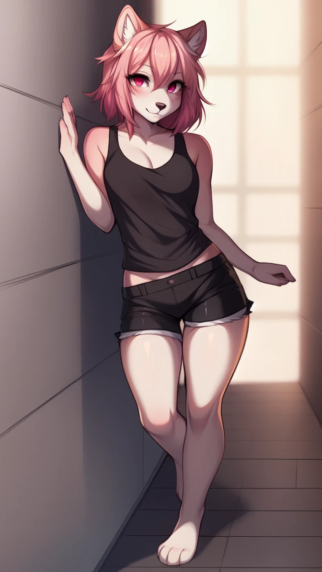 Solo:1.3, (young), by fumiko, by hyattlen, by claweddrip, a anthro furry squirrel girl, pink furry body, long pink hair, pink fluffy squirrel ears, cute snout, black nose, pink eyes, wearing black shorts, black tank top, barefoot, 4 toes, no background, back against a wall, front view, standing