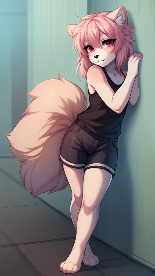 Solo:1.3, (young), by fumiko, by hyattlen, by claweddrip, a anthro furry squirrel girl, pink furry body, long pink hair, pink fluffy squirrel ears, cute snout, black nose, pink eyes, wearing black shorts, black tank top, barefoot, 4 toes, no background, back against a wall, front view, standing
