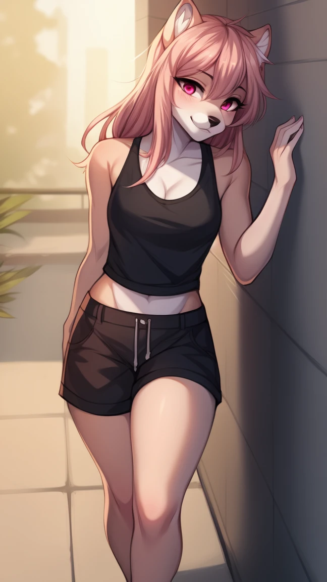 Solo:1.3, (young), by fumiko, by hyattlen, by claweddrip, a anthro furry squirrel girl, pink furry body, long pink hair, pink fluffy squirrel ears, cute snout, black nose, pink eyes, wearing black shorts, black tank top, barefoot, 4 toes, no background, back against a wall, front view, standing