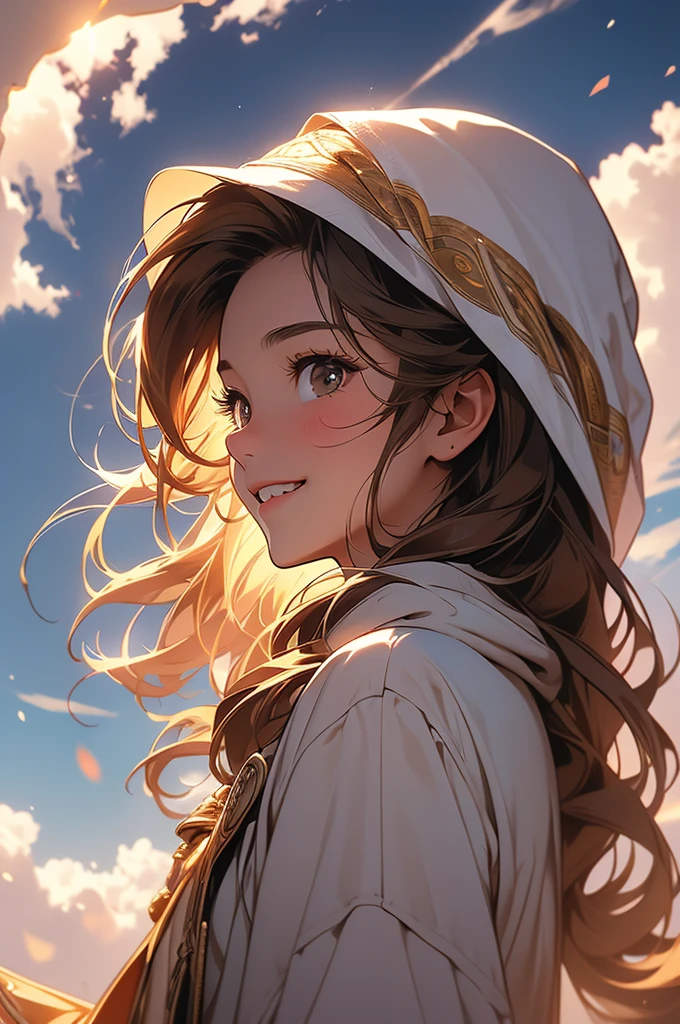 (masterpiece, 32k, 8k) a 17 year old girl, (looking at the sky with her hand stretched high), (profile angle), priestess overcoat, hood over her head, light brown hair, light brown eyes, (beautiful and heavenly face, cheerful smile 1.5), sunny sky, sunlight effect on the character