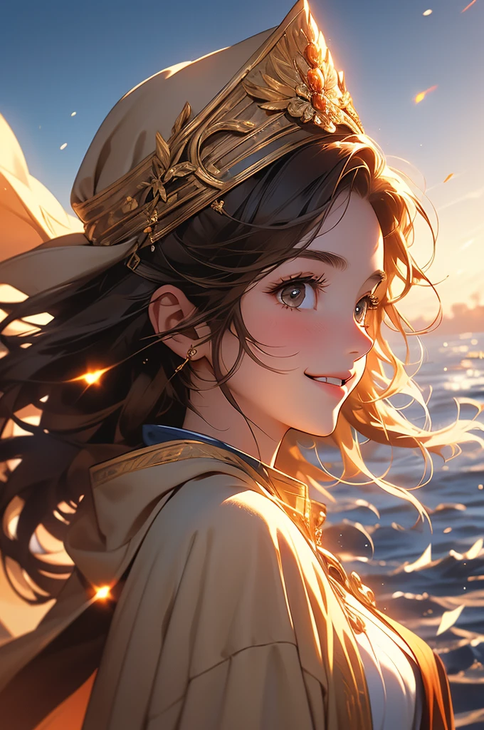 (masterpiece, 32k, 8k) a girl, (looking at the sky with her hand stretched high), (profile angle), priestess overcoat, hood over her head, light brown hair, light brown eyes, (beautiful and heavenly face, cheerful smile 1.5), sunny sky, sunlight effect on the character
