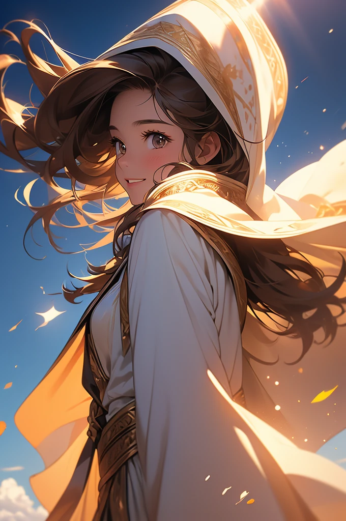 (masterpiece, 32k, 8k) a  girl, (looking at the sky with her hand stretched high), (profile angle), priestess overcoat, hood over her head, light brown hair, light brown eyes, (beautiful and heavenly face, cheerful smile 1.5), sunny sky, sunlight effect on the character