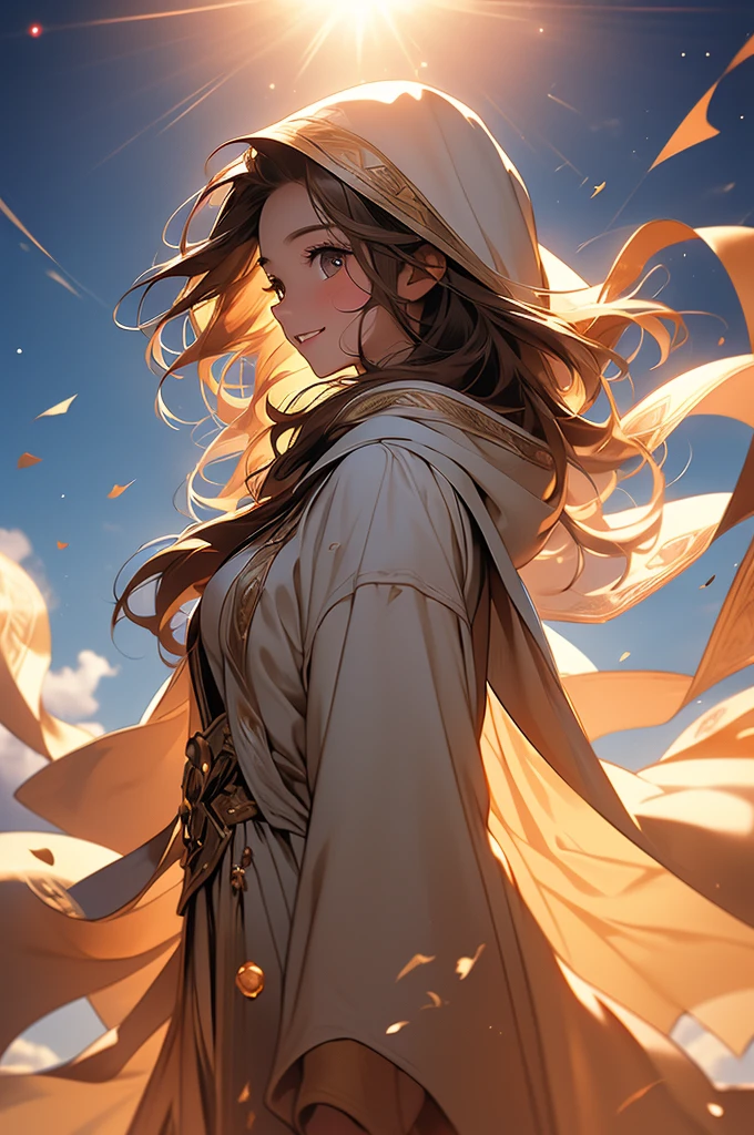 (masterpiece, 32k, 8k) a 17 year old girl, (looking at the sky with her hand stretched high), (profile angle), priestess overcoat, hood over her head, light brown hair, light brown eyes, (beautiful and heavenly face, cheerful smile 1.5), sunny sky, sunlight effect on the character