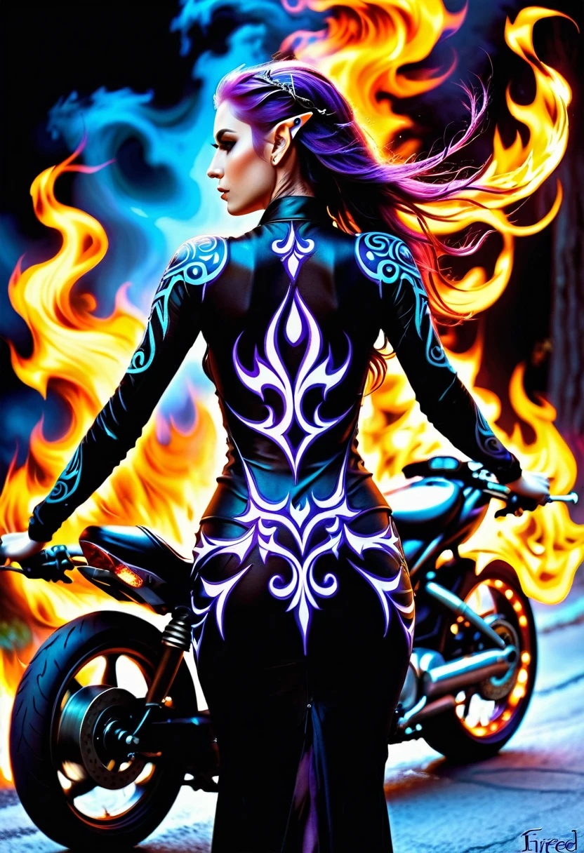 Arafed, Dark fantasy art, fantasy art, goth art, a picture of a (motorcycle tattoo: 1.3) on the back of a female elf, a glowing tattoo of a ((motorcycle: 1.3)) on the elf's back, the ((motorcycle tattoo)) is vivid, intricate detailed coming to life from the ink to real life, GlowingRunesAI_purple, ((fire surrounds the motorcycle: 1.5)), shot taken from the back, ((the back is visible: 1.3), she wears a transparent black dress, the dress is elegant, flowing, elven style, that the tattoos glow, dynamic hair color, dynamic hair style, faize,, Digital Painting
