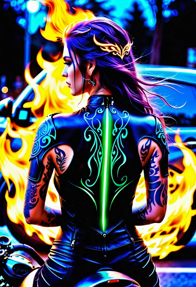 Arafed, Dark fantasy art, fantasy art, goth art, a picture of a (motorcycle tattoo: 1.3) on the back of a female elf, a glowing tattoo of a ((motorcycle: 1.3)) on the elf's back, the ((motorcycle tattoo)) is vivid, intricate detailed coming to life from the ink to real life, GlowingRunesAI_purple, ((fire surrounds the motorcycle: 1.5)), shot taken from the back, ((the back is visible: 1.3), she wears a transparent black dress, the dress is elegant, flowing, elven style, that the tattoos glow, dynamic hair color, dynamic hair style, faize,, Digital Painting