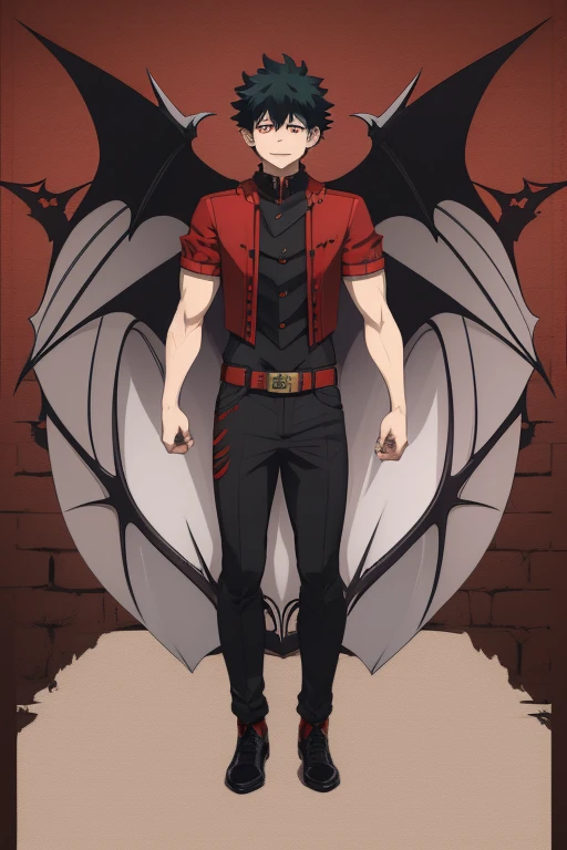 Izuku Midoriya character sheet from My Hero Academia, Vampire, incubus, red eyes and white hair, bat wings, black clothes, black steampunk pants, red shirt, black vest, pale skin. Looking directly at the viewer