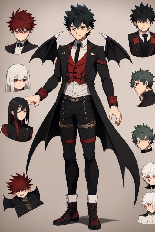 Izuku Midoriya character sheet from My Hero Academia, Vampire, incubus, red eyes and white hair, bat wings, black clothes, black steampunk pants, red shirt, black vest, pale skin. Looking directly at the viewer