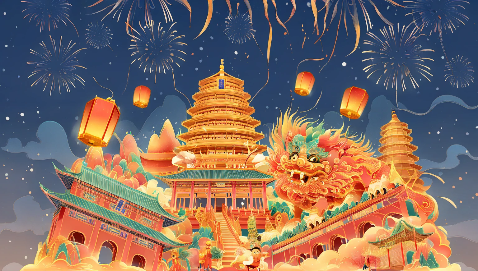 (best quality :1.4), masterpiece, illustration, each, color, Phnom Penh, night, Kongming Lantern, Red Lantern, Chinese Architecture, fireworks, Lively, The streets are crowded (East_dragon:1.1), Mid-Autumn Festival, dragon and lion dance