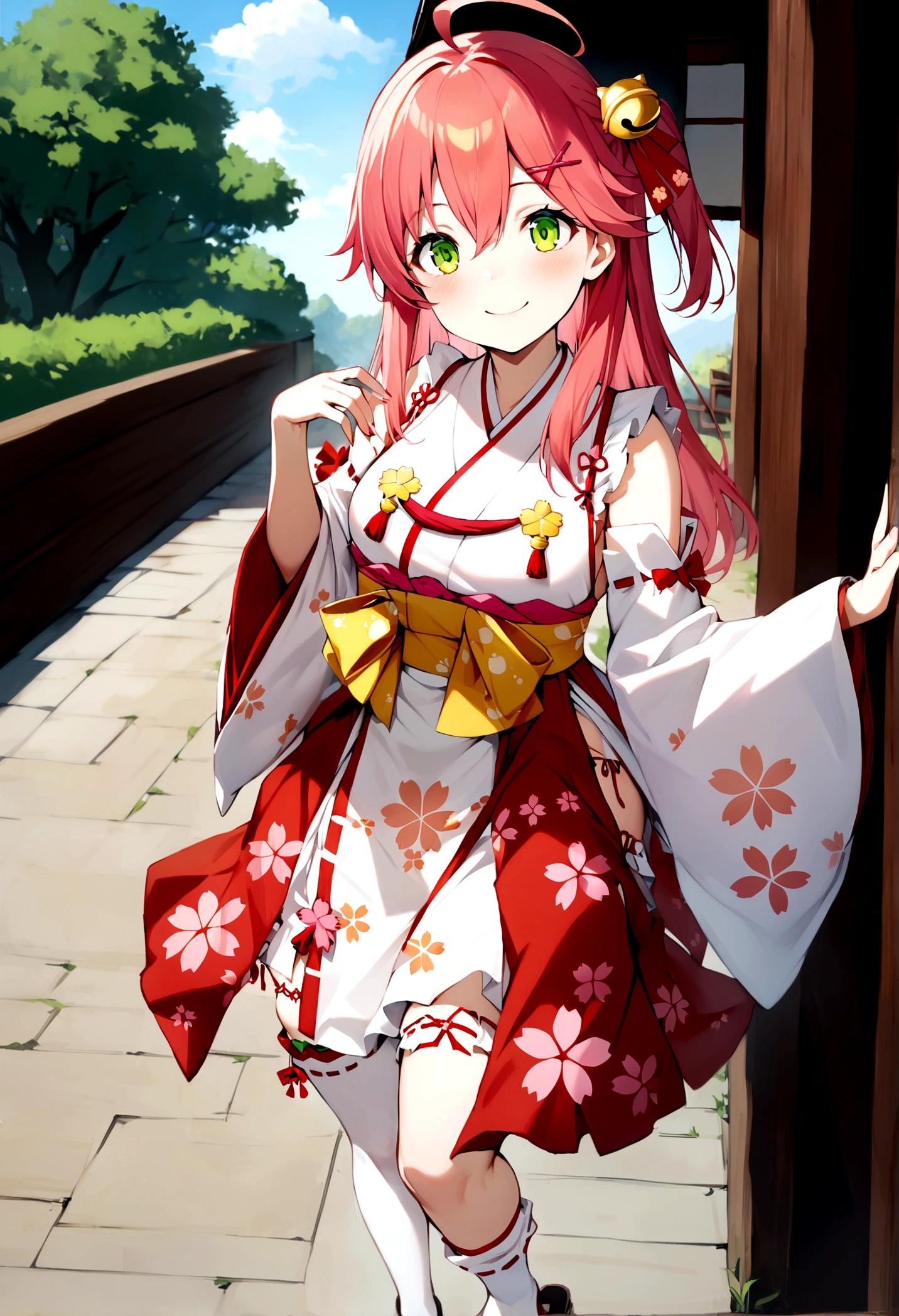 ((masterpiece,Highest quality)),One girl, Day, kimono, View your viewers, Recall, Outdoor, Are standing, Miko 1, sakura miko, Green Eyes, alone, Ahoge, X Hair Ornament, Pink Hair, Single knee socks, Side bust, Hair Clip, Hair Bell, Floral print, Long Hair, Hair between the eyes, One side up, White knee socks, Asymmetrical legwear, Wide sleeves, smile, sunny, Looking up