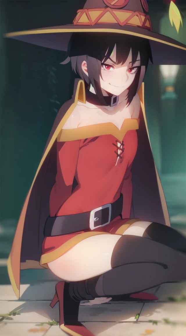 1girl,red eyes,short hair,brown hair,choker,collarbone,short hair with long locks,sidelocks,good hand,small breasts,smile,smug, witch hat,black cape,black thighhighs,bandages,red dress,black gloves,single thighhigh,belt,orange boots,asymmetrical legwear,bandaged leg,((slave collar,leash:1.2))