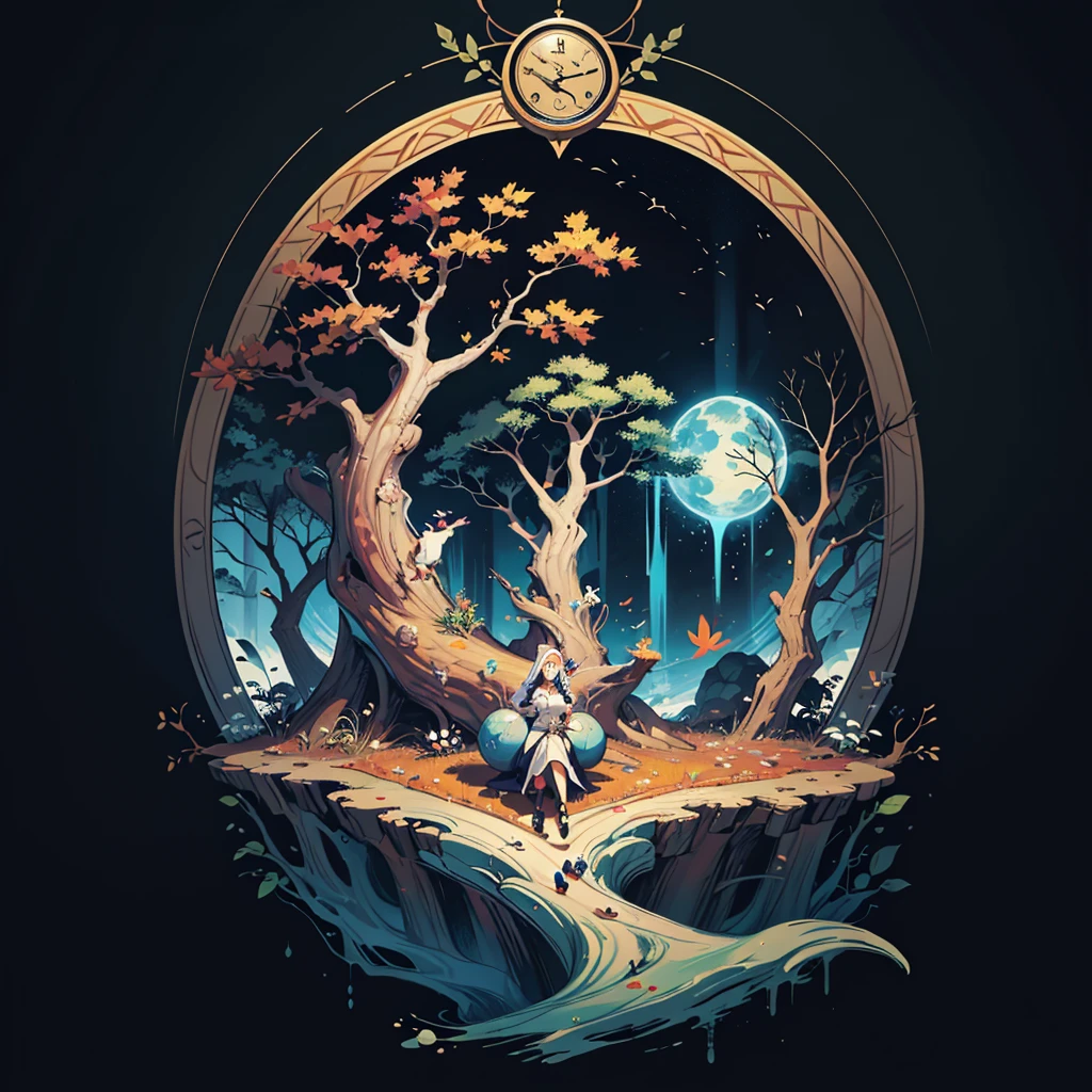circular tree,four seasons,spring,summer,autumn,winter,leaves,roots,branches,trunk,ornate border,decorative,digital illustration,artwork,movement,time,swirling background,dark background,vibrant colors,natural,life cycle,growth,change,nature,life,peace,harmony,spirituality,symbolism,digital art,illustration,painting,graphic design,art,design,digital media,online art,visual art,fine art,fantasy