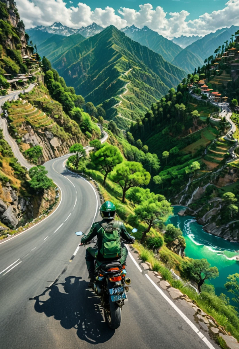 (Motorcycle), On the winding mountain road, a backpacker rides a retro style motorcycle, enjoying the scenery along the way. Beside him are emerald green trees and magnificent mountains in the distance. In front of him is an infinite stretch of road, symbolizing  and exploration, full body, (Photography), panoramic view, award-winning, cinematic still, emotional, vignette, dynamic, vivid, (masterpiece, best quality, Professional, perfect composition, very aesthetic, absurdres, ultra-detailed, intricate details:1.3)