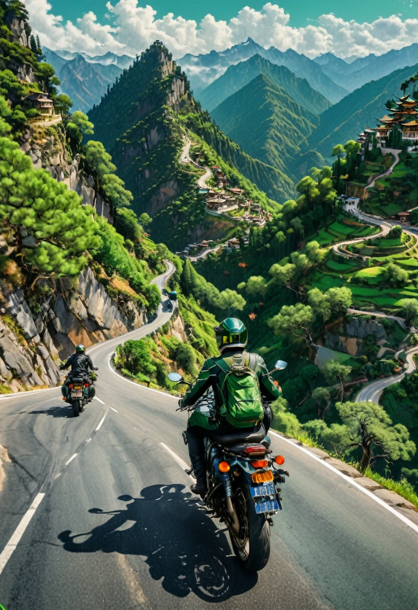 (Motorcycle), On the winding mountain road, a backpacker rides a retro style motorcycle, enjoying the scenery along the way. Beside him are emerald green trees and magnificent mountains in the distance. In front of him is an infinite stretch of road, symbolizing  and exploration, full body, (Photography), panoramic view, award-winning, cinematic still, emotional, vignette, dynamic, vivid, (masterpiece, best quality, Professional, perfect composition, very aesthetic, absurdres, ultra-detailed, intricate details:1.3)