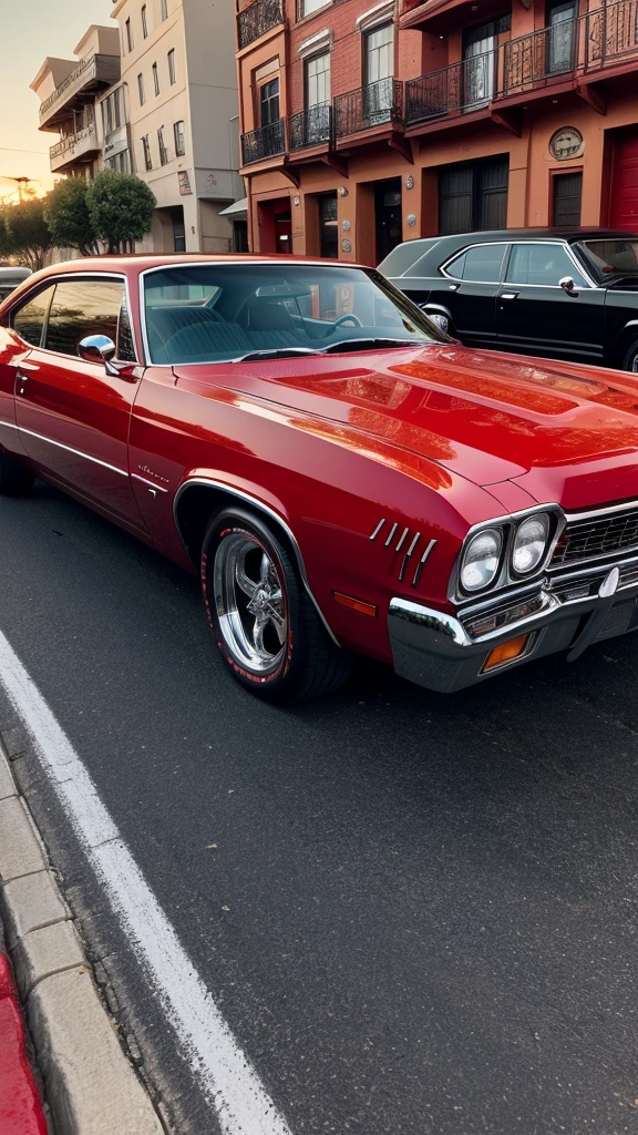 Cherry Red Chevy Impala hyper detailed, intricate details, parked on a street in the evening. Dramatic, Hispanic, Chicano, Epic