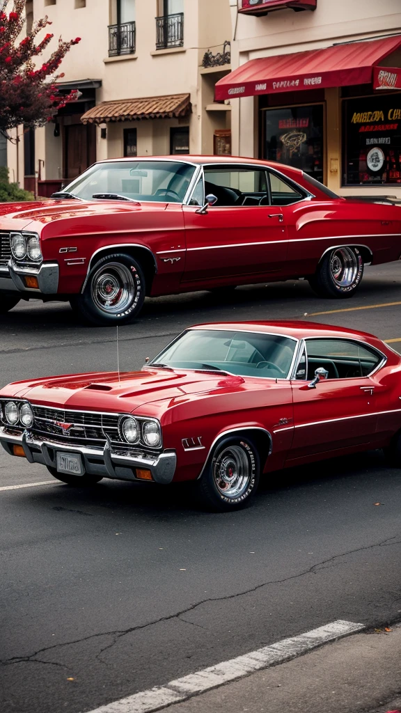 Cherry Red Chevy Impala hyper detailed, intricate details, parked on a street in the evening. Dramatic, Hispanic, Chicano, Epic