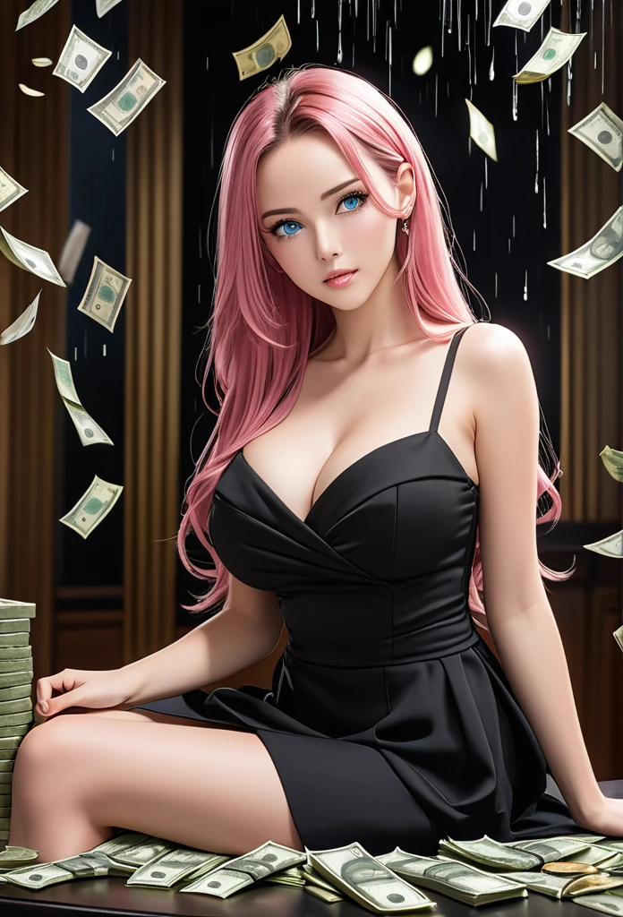 woman, pink hair, long hair, open forehead, no bangs, blue eyes, big breasts, black dress, short dress, elegant dress, sitting on a table, banknotes of money, money rain 