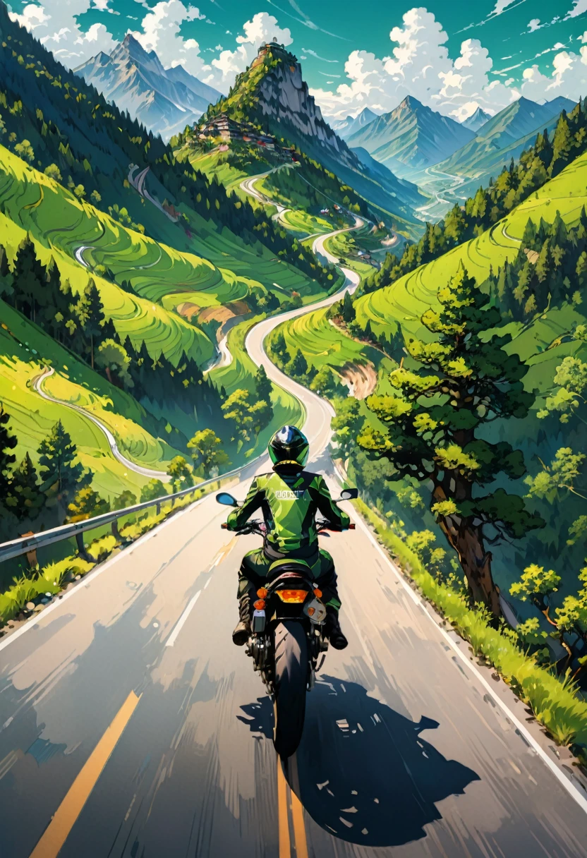 (Motorcycle), On the winding mountain road, a backpacker rides a retro style motorcycle, enjoying the scenery along the way. Beside him are emerald green trees and magnificent mountains in the distance. In front of him is an infinite stretch of road, symbolizing  and exploration, full body, (Photography), panoramic view, award-winning, cinematic still, emotional, vignette, dynamic, vivid, (masterpiece, best quality, Professional, perfect composition, very aesthetic, absurdres, ultra-detailed, intricate details:1.3)