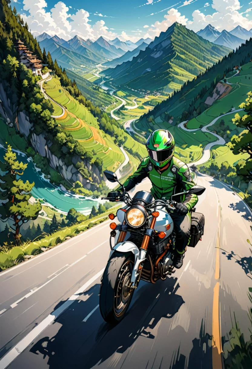 (Motorcycle), On the winding mountain road, a backpacker rides a retro style motorcycle, enjoying the scenery along the way. Beside him are emerald green trees and magnificent mountains in the distance. In front of him is an infinite stretch of road, symbolizing  and exploration, full body, (Photography), panoramic view, award-winning, cinematic still, emotional, vignette, dynamic, vivid, (masterpiece, best quality, Professional, perfect composition, very aesthetic, absurdres, ultra-detailed, intricate details:1.3)