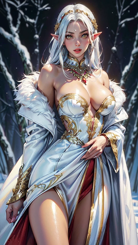 woman,1female,((milf,mom,mature,mature woman,45 years old female,adult)),(large breasts:1.5),saggy breasts,(((white hair:1.4,straight hair,long hair:1.4,colored inner hair))),((yellow_eyes:1.3)),intricate eyes,beautiful detailed eyes,symmetrical eyes,((((dark skin:1.4,lustrous skin:1.5,bright skin: 1.5,skin tanned,shiny skin,very shiny skin,shiny body,illuminated skin)))),(spider lower abdomen,narrow waist,wide hip,bimbo body,inflated legs,thick thighs,delicate detailed fingers),(((detailed face))), cute,slutty,sensual,seductive look,seductive,((erotic)),opulent,sumptuous,longingly,((nsfw)), queen,goddess,fantasy,(beautiful winter silver clothes,silver silk),((strapless red dress,very long red skirt,red dress)),(silver clothes),(((ice jewelry,intricate necklace,christmas jewelry,detailed outfit))),cleavage,silver silk,((eyeshadow,elegant makeup,eyelid makeup,gold lips,gold lipstick)),((Transparent cloth:1.1)), (((Sexy white fur coat, white fur coat outfit, wearing a white fur coat:1.3,winter white coat))),red gloves,(((intricate outfit,intricate clothes,embroidered outfit,ornate outfit,embroidered clothes,ornate clothes))), (dynamic pose:1.0),embarrassed,(centered,scale to fit dimensions,Rule of thirds), ((snowy pine forest)),winter,scenery:1.25,((intricate scenery)),((snow forest background)),Christmas tree, (Glossy winter ornaments),highres,sharp focus,(ultra detailed,extremely detailed),(photorealistic artwork:1.37),(extremely detailed CG unity 8k wallpaper),(((vibrant colors,vibrant theme))),(intricate),(masterpiece),(best quality),detailed eyes, detailed hands, detailed face, elf girl, beautiful , full body