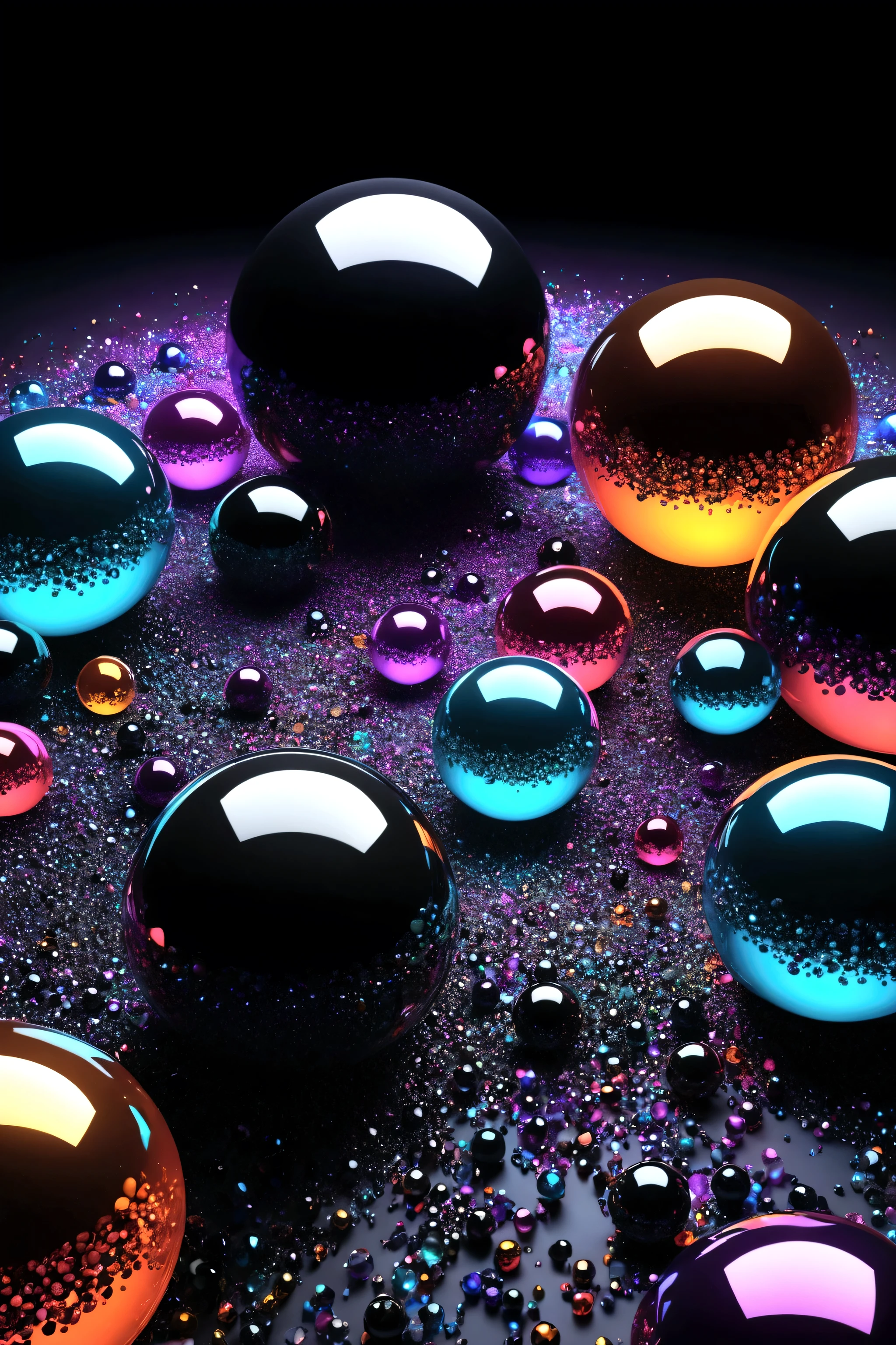Black crystal spheres floating in a abstract multiple color background, abstract digital art,3D projections!