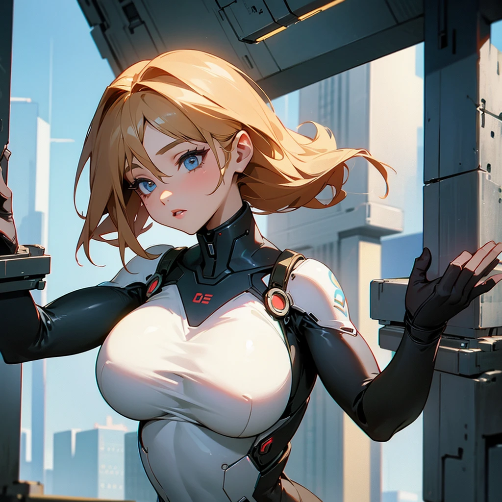 Android woman with huge breasts in a dystopian city