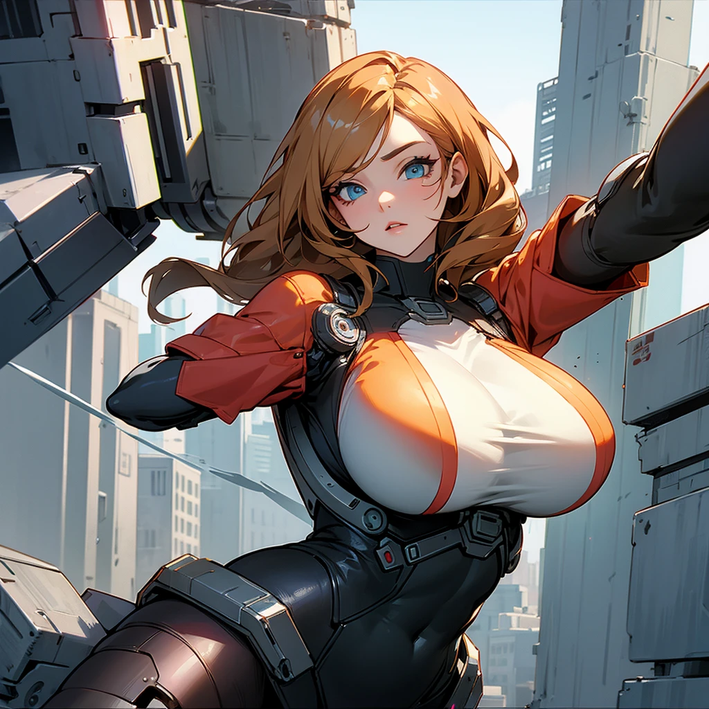 Android woman with huge breasts in a dystopian city