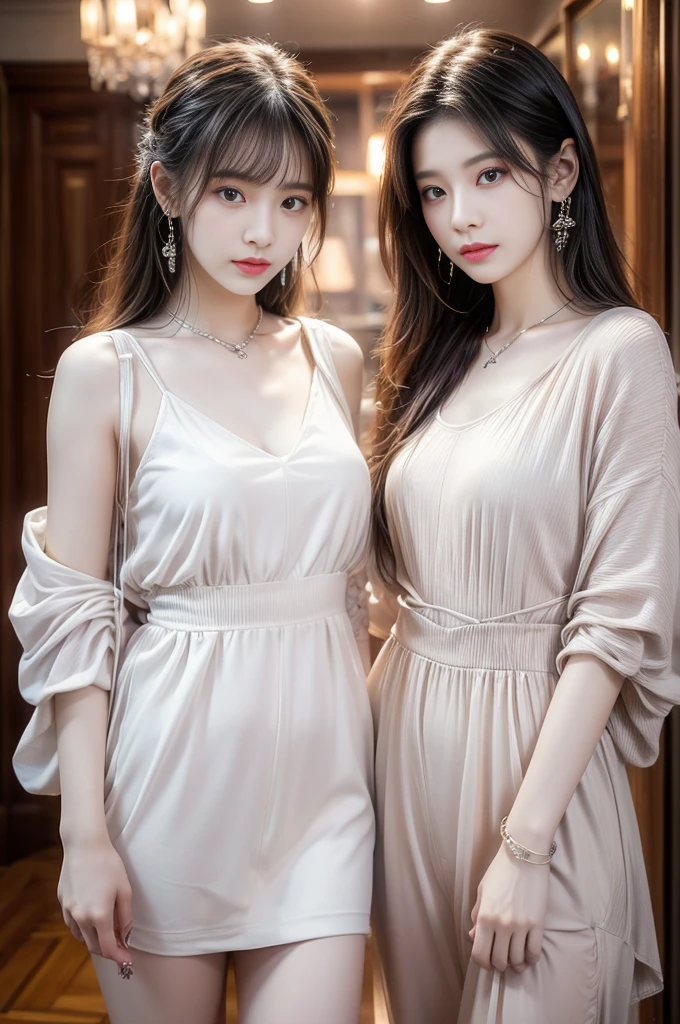 practicalphotography,22 years old,portrait,full Body,Korean,(twins、Mature:1.3),2 girl,beautiful girl,arrogant,(necklace、earrings、bracelet:1.1),(Environmental details:1.3),(Original image、CG Unity、photography、Ultra-practical details、Clear focus、Delicate skin、4K、high resolution、masterpiece、Best quality、practical、Energetic:1.2),(8K、4K、Ultra-high quality、high resolution、major、ish、dramatic),Detailed home background