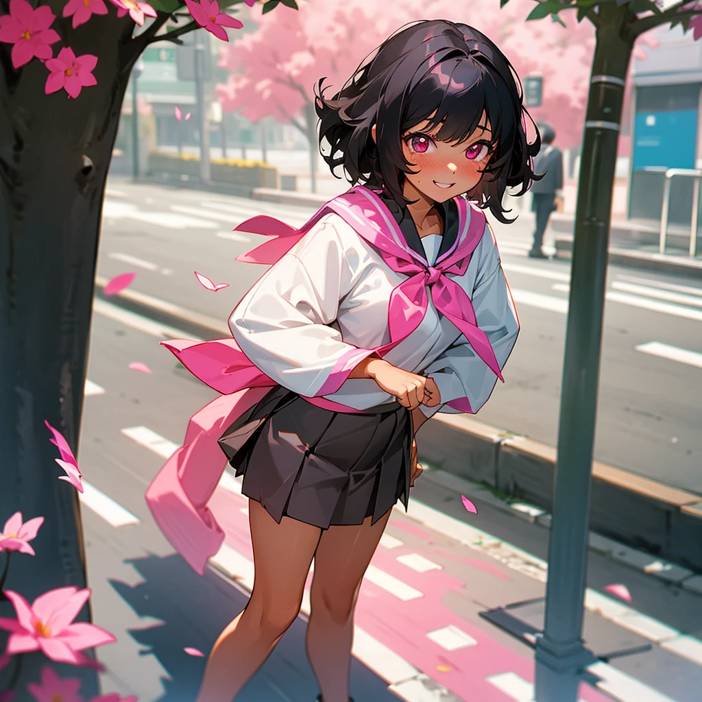 1female, sexy, young teen, tan skin, finely detailed pink eyes, wild medium hair, black hair color, shool uniform, short skirt, standing on street, day time, tokyo streets, happy expression, flowers, blushing