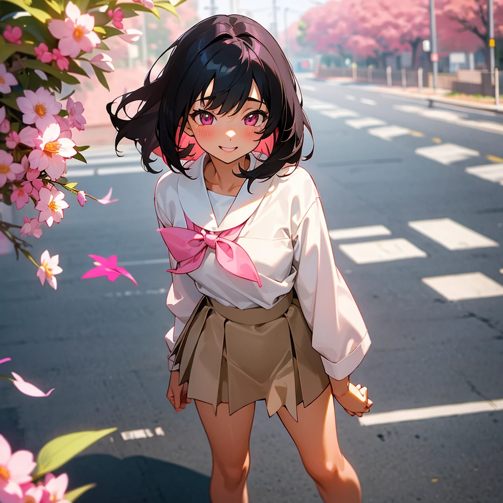 1female, sexy, , tan skin, finely detailed pink eyes, wild medium hair, black hair color, shool uniform, short skirt, standing on street, day time, tokyo streets, happy expression, flowers, blushing