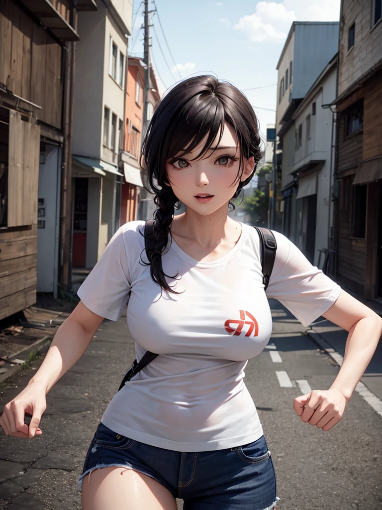 Sexy mother 45 years old, t-shirts, outside, post apocalypse scene, 1 women