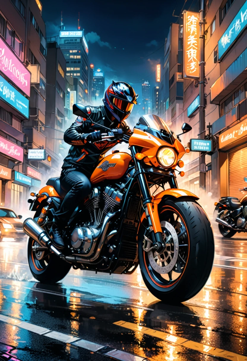 (Motorcycle), On the city streets at night, an Asian rider wearing a black leather jacket drives a dazzling customized Harley Davidson motorcycle. The headlights cut through the darkness, and the tires rub against the ground, emitting a deep roar. The background is a neon flashing urban night scene, full body, (Photography), panoramic view, award-winning, cinematic still, emotional, vignette, dynamic, vivid, (masterpiece, best quality, Professional, perfect composition, very aesthetic, absurdres, ultra-detailed, intricate details:1.3)