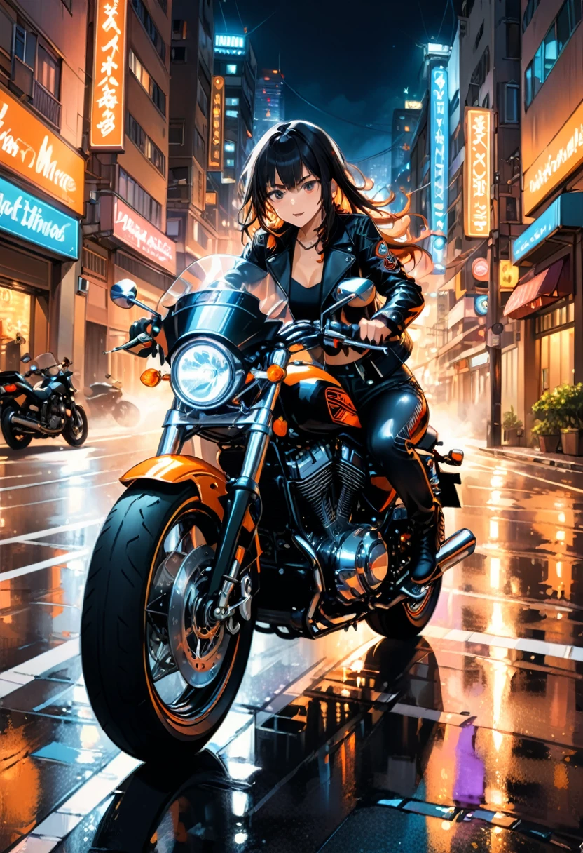 (Motorcycle), On the city streets at night, an Asian rider wearing a black leather jacket drives a dazzling customized Harley Davidson motorcycle. The headlights cut through the darkness, and the tires rub against the ground, emitting a deep roar. The background is a neon flashing urban night scene, full body, (Photography), panoramic view, award-winning, cinematic still, emotional, vignette, dynamic, vivid, (masterpiece, best quality, Professional, perfect composition, very aesthetic, absurdres, ultra-detailed, intricate details:1.3)