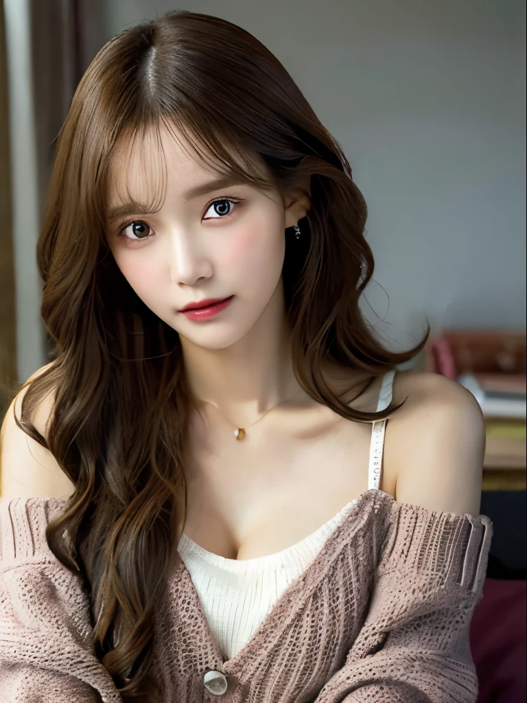best qualtiy,tmasterpiece,超A high resolution,(realisticlying:1.4),
1girll long curly hair,Rich in detail, shoulder,cleavage,Knitwear, Deep shading, messy room, sit pose, Sitting on an object yoona snsd