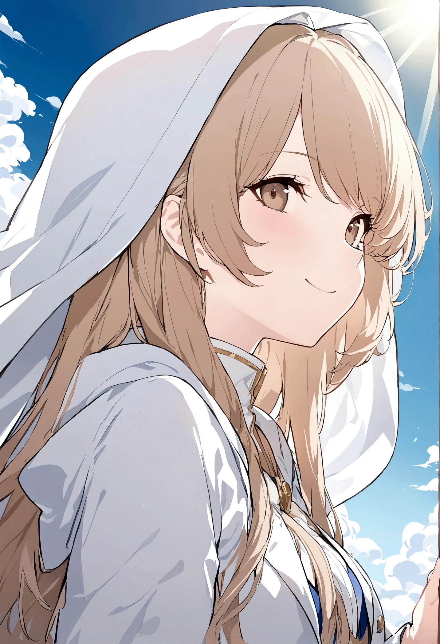 (masterpiece, 32k, 8k) a 17 year old girl, (looking at the sky with her hand stretched high), (profile angle), priestess overcoat, hood over her head, light brown hair, light brown eyes, (beautiful and heavenly face, cheerful smile 1.5), sunny sky, sunlight effect on the character