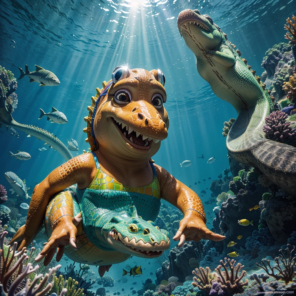 A colorful, whimsical illustration of an animated cartoon crocodile wearing swimming goggles, detailed facial features, wearing a swimsuit, underwater scene with schools of tropical fish, vibrant ocean colors, dynamic composition, 4k, high quality, digital art