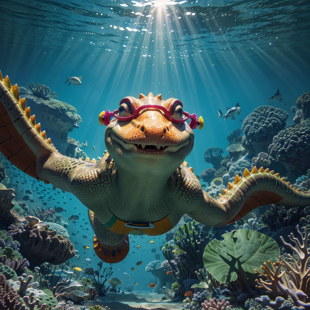 A colorful, whimsical illustration of an animated cartoon crocodile wearing swimming goggles, detailed facial features, wearing a swimsuit, underwater scene with schools of tropical fish, vibrant ocean colors, dynamic composition, 4k, high quality, digital art