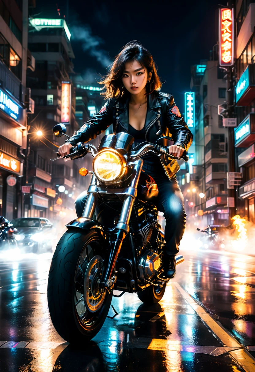 (Motorcycle), On the city streets at night, an Asian rider wearing a black leather jacket drives a dazzling customized Harley Davidson motorcycle. The headlights cut through the darkness, and the tires rub against the ground, emitting a deep roar. The background is a neon flashing urban night scene, full body, (Photography), panoramic view, award-winning, cinematic still, emotional, vignette, dynamic, vivid, (masterpiece, best quality, Professional, perfect composition, very aesthetic, absurdres, ultra-detailed, intricate details:1.3)