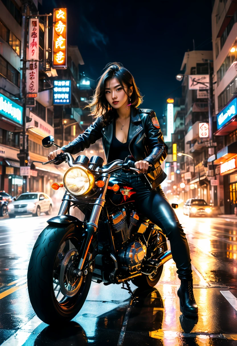 (Motorcycle), On the city streets at night, an Asian rider wearing a black leather jacket drives a dazzling customized Harley Davidson motorcycle. The headlights cut through the darkness, and the tires rub against the ground, emitting a deep roar. The background is a neon flashing urban night scene, full body, (Photography), panoramic view, award-winning, cinematic still, emotional, vignette, dynamic, vivid, (masterpiece, best quality, Professional, perfect composition, very aesthetic, absurdres, ultra-detailed, intricate details:1.3)