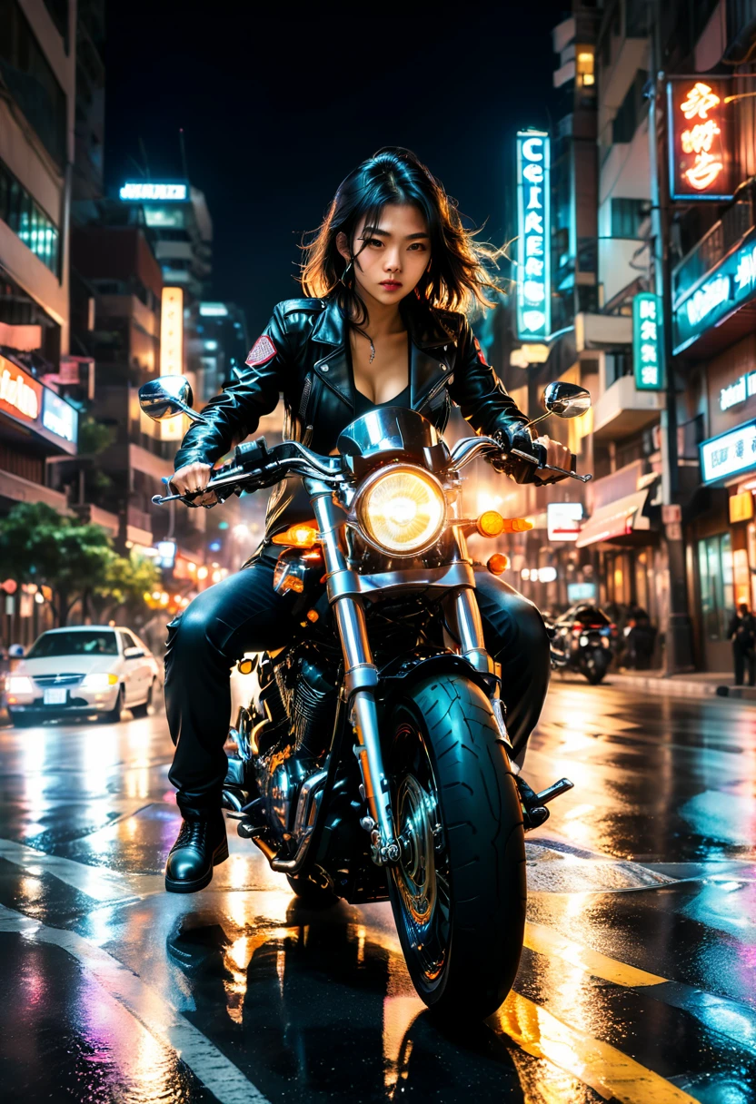 (Motorcycle), On the city streets at night, an Asian rider wearing a black leather jacket drives a dazzling customized Harley Davidson motorcycle. The headlights cut through the darkness, and the tires rub against the ground, emitting a deep roar. The background is a neon flashing urban night scene, full body, (Photography), panoramic view, award-winning, cinematic still, emotional, vignette, dynamic, vivid, (masterpiece, best quality, Professional, perfect composition, very aesthetic, absurdres, ultra-detailed, intricate details:1.3)