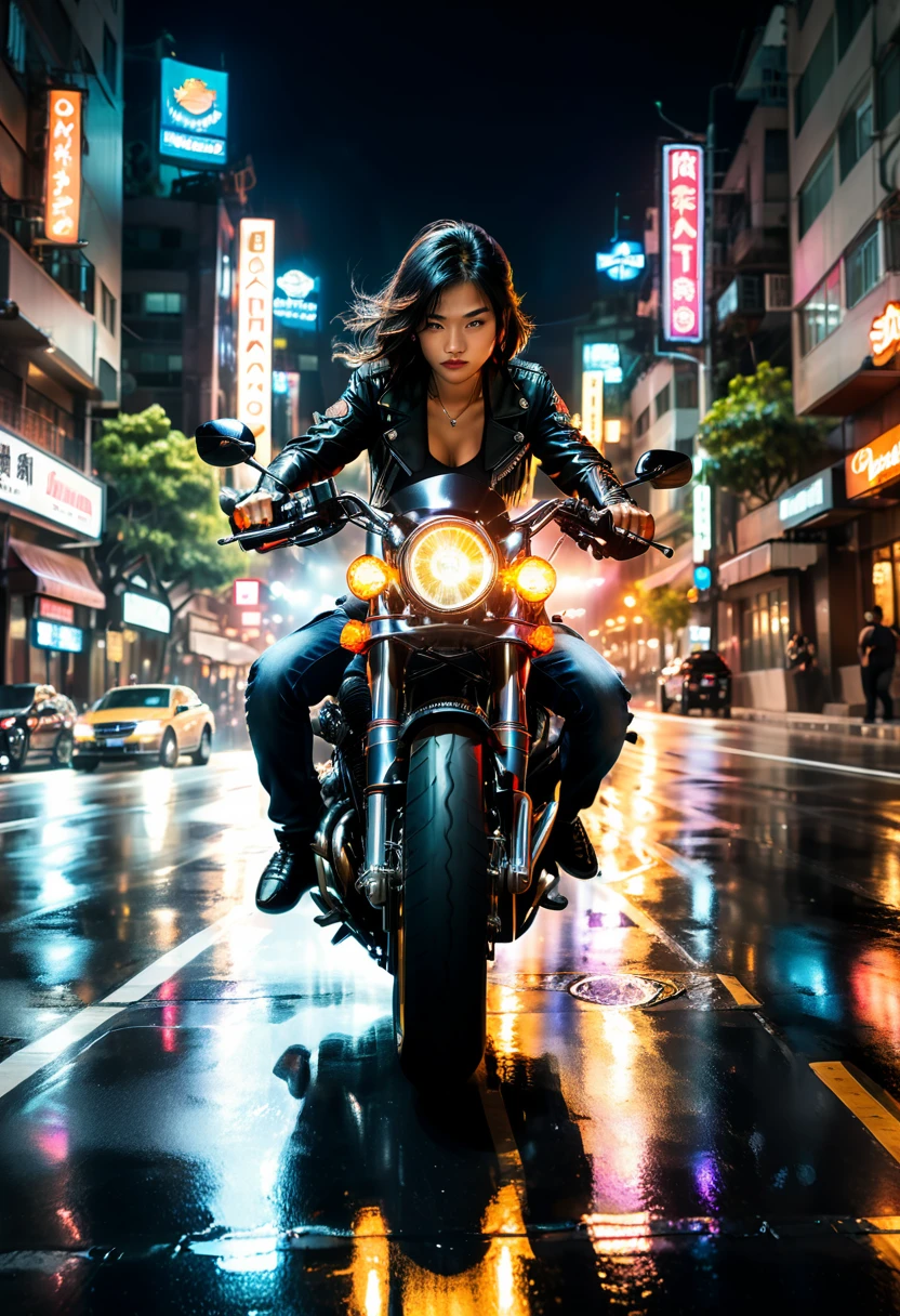 (Motorcycle), On the city streets at night, an Asian rider wearing a black leather jacket drives a dazzling customized Harley Davidson motorcycle. The headlights cut through the darkness, and the tires rub against the ground, emitting a deep roar. The background is a neon flashing urban night scene, full body, (Photography), panoramic view, award-winning, cinematic still, emotional, vignette, dynamic, vivid, (masterpiece, best quality, Professional, perfect composition, very aesthetic, absurdres, ultra-detailed, intricate details:1.3)