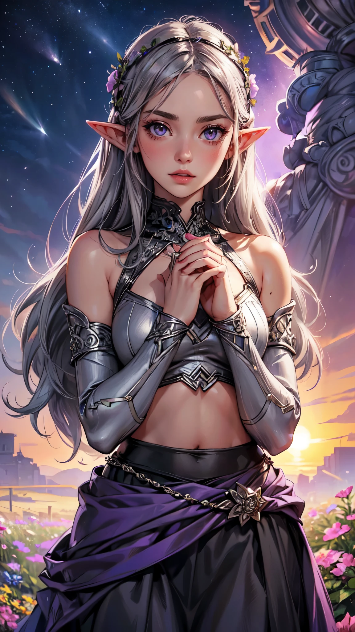realistic, 1 girl, gray hair, purple eyes, shining eyes, crop top, skirt, parted lips, blush, night, flowers, sun, sunlight, detailed eyes, detailed hands, detailed face, elf girl, beautiful , full body, flowers

