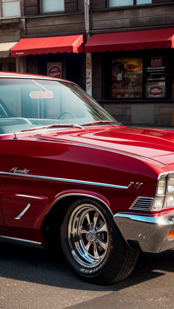 Cherry Red Chevy Impala hyper detailed, intricate details, parked on a street in the evening. Dramatic, Hispanic, Chicano, Epic, side view, full body shot.