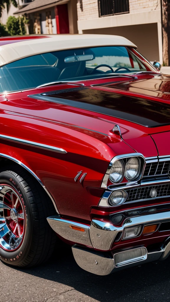 Cherry Red Chevy Impala hyper detailed, intricate details, parked on a street in the evening. Dramatic, Hispanic, Chicano, Epic, side view, full body shot.