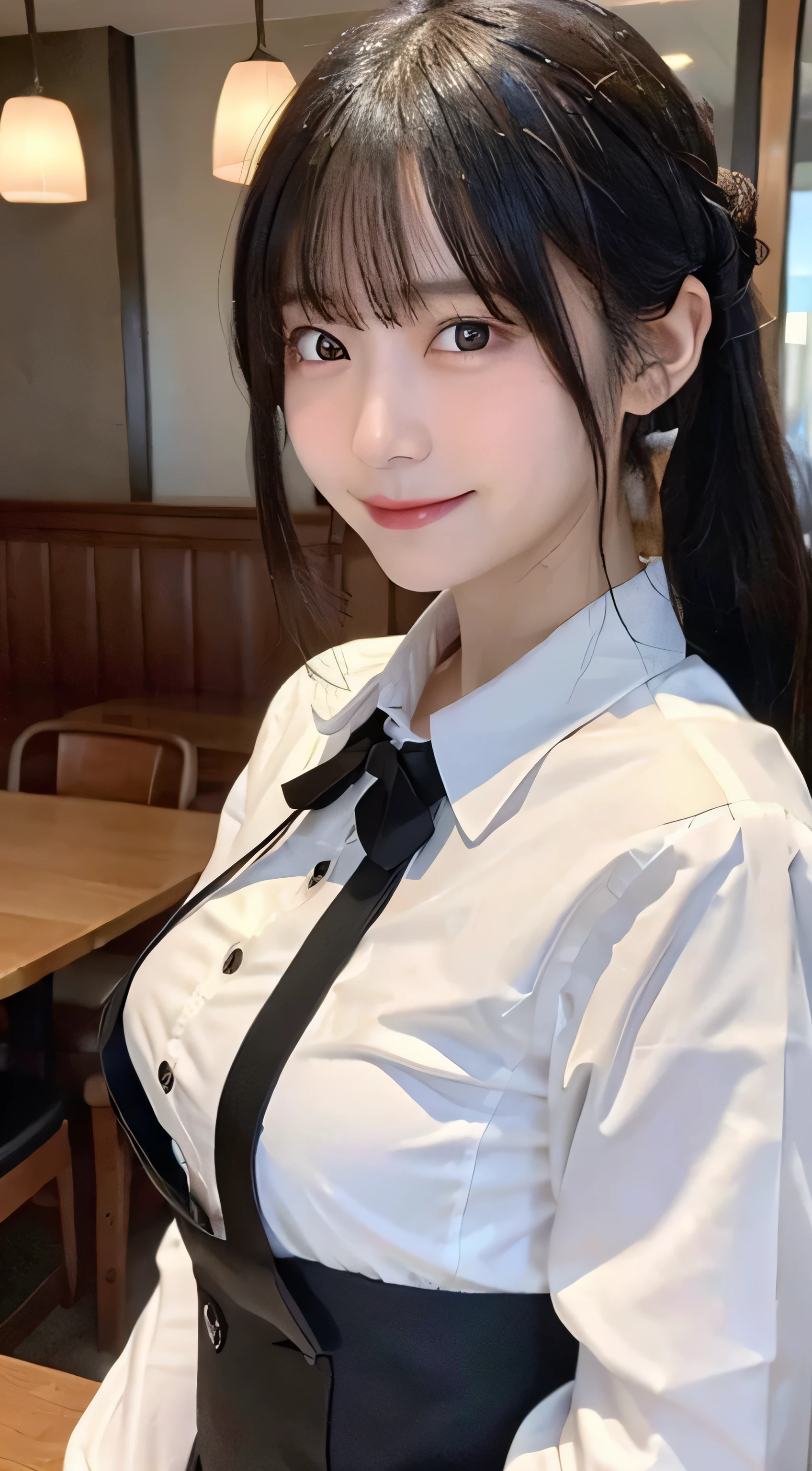 (Highest quality,masterpiece:1.3,Ultra-high resolution,),(Ultra-detailed,Caustics),(Photorealistic:1.4,RAW shooting,)Ultra-Realistic Capture,Very detailed,High resolution 16K human skin closeup。 Skin texture is natural、,Pores、It must be detailed enough to be easily identifiable.。 Skin should look healthy and have an even tone。 Use natural light and color,restaurant,Waitress uniform,1 girl,Japanese,18-year-old,cute,Black-haired,ponytail,Ultra Mummy,Laughter,(View from the front),Looking into the camera,Cowboy Shot,Subjective perspective