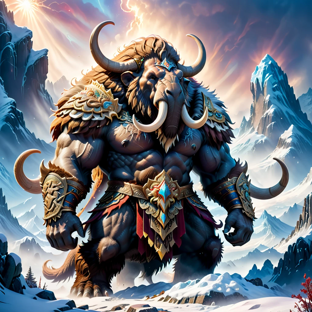 masterpiece, highly detailed, epic battle scene, massive woolly Anthropomorphic-mammoth, towering over a mighty warrior, frozen tundra landscape, snow-capped mountains, howling blizzard, dramatic lighting, volumetric fog, intricate fur textures, glowing eyes, fierce determination, muscular anatomy, ornate armor, flowing cape, dramatic poses, cinematic composition, vibrant colors, dramatic shadows, photorealistic, 8k, hyper detailed