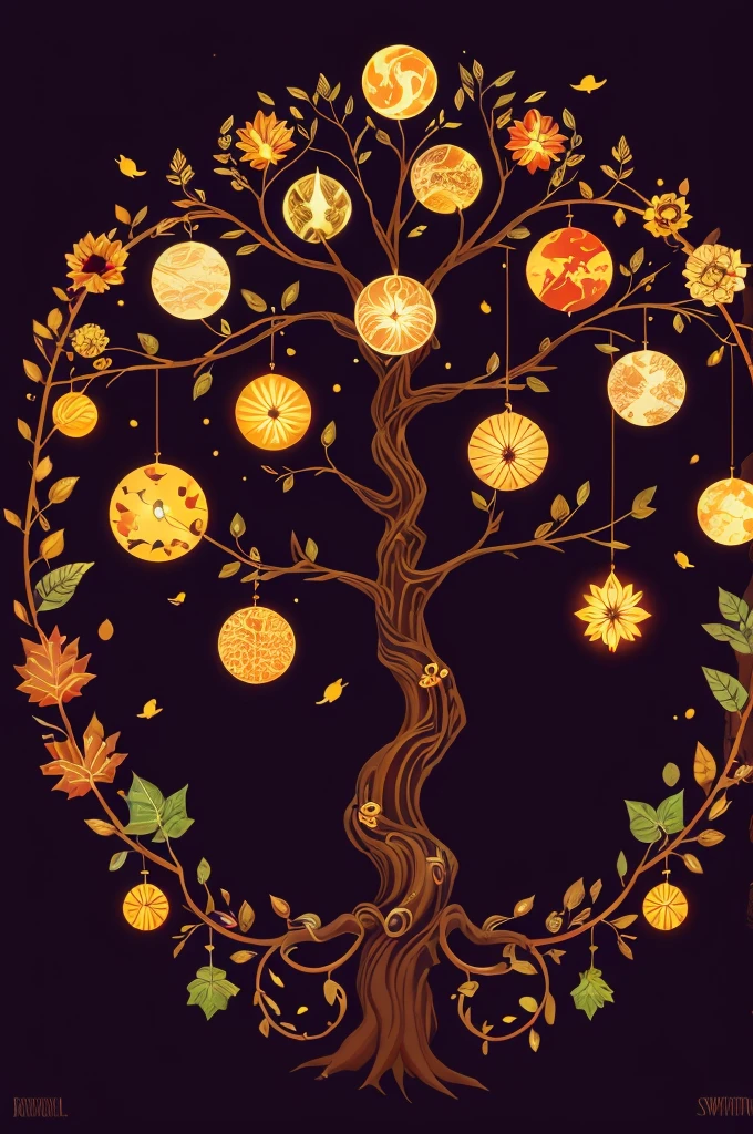 circular tree,four seasons,spring,summer,autumn,winter,leaves,roots,branches,trunk,ornate border,decorative,digital illustration,artwork,movement,time,swirling background,dark background,vibrant colors,natural,life cycle,growth,change,nature,life,peace,harmony,spirituality,symbolism,digital art,illustration,painting,graphic design,art,design,digital media,online art,visual art,fine art,fantasy